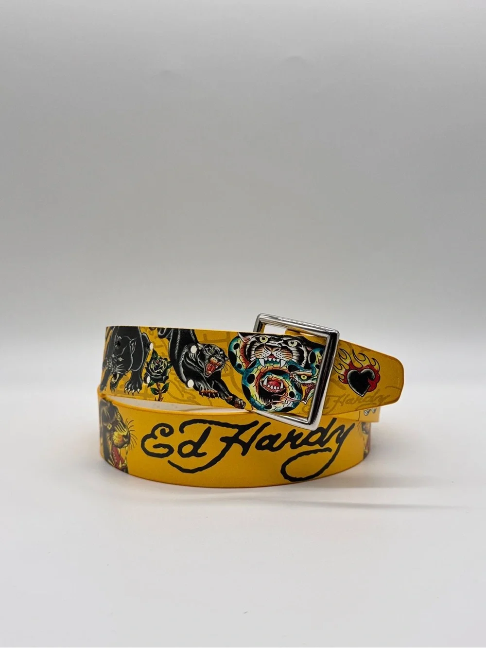 Ed Hardy Panther Snake Studded Belt Yellow Y2K Tattoo Art Size 38 Brand New